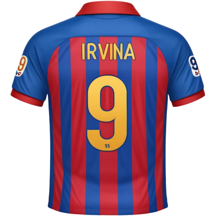 buat costum seperti diatas buat mirip hanya pakaian saja tidak pakai orang dan dari belakang barcelona nama punggung irvina dan nomor punggung 9 menghadap belakang custom belakangnya baju belakangnya emoji
