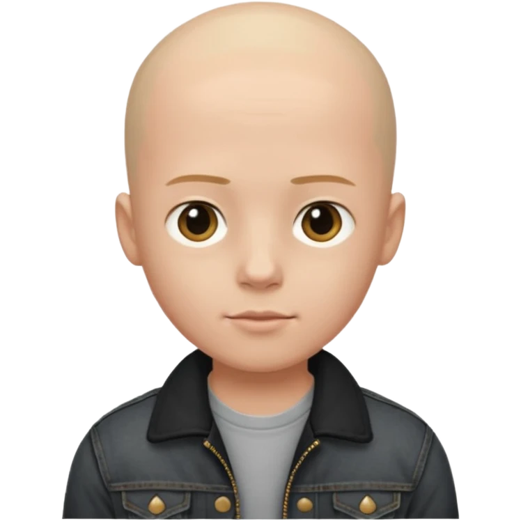  a boy with bald head, black jeans jacket, plain forehead emoji