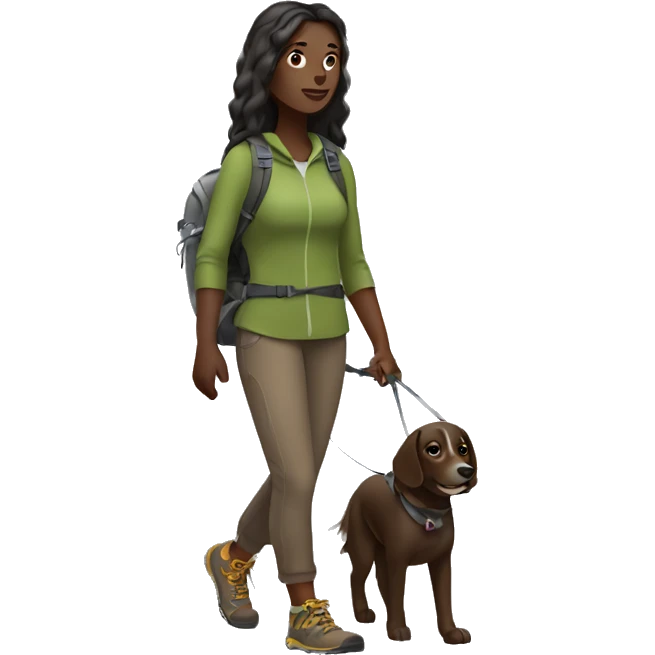 Dark skin woman long hair hiking with dog facing frontward full body emoji