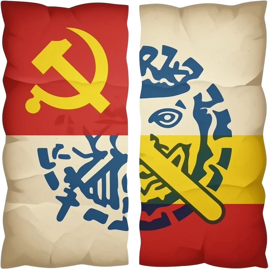 Spanish Civil War style poster, vintage 1930s propaganda, split composition showing republican and worker symbols, rustic paper texture, earthy reds, blues and yellows, lithography art style. emoji