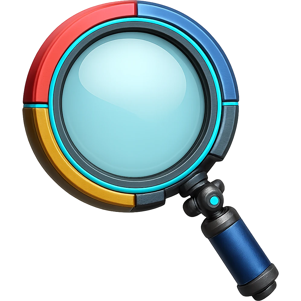 Make this magnifying glass look robotic with metallic textures, robotic joints, and glowing blue accents. Keep the emoji style and no background. emoji