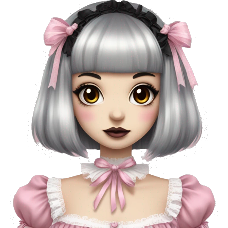 pale woman with short split dyed black and white hair and bangs, pink lips and eyeshadow, long eyelashes, brown eyes, pink Lolita dress with laces and ribbons, gothic Lolita doll look emoji
