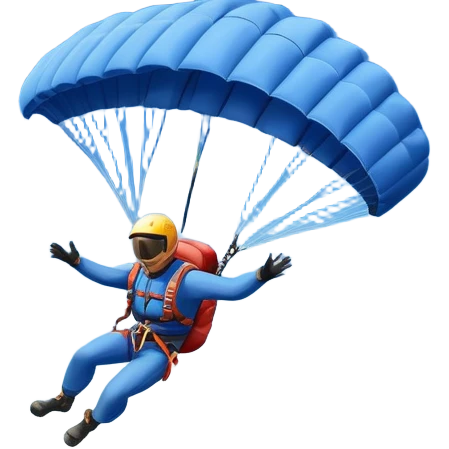 A base jumper soaring through the air, parachute deployed, flying off a steep mountain peak. The background is filled with majestic mountains, clear blue sky, and distant clouds, capturing the exhilarating thrill and beauty of extreme sports. emoji