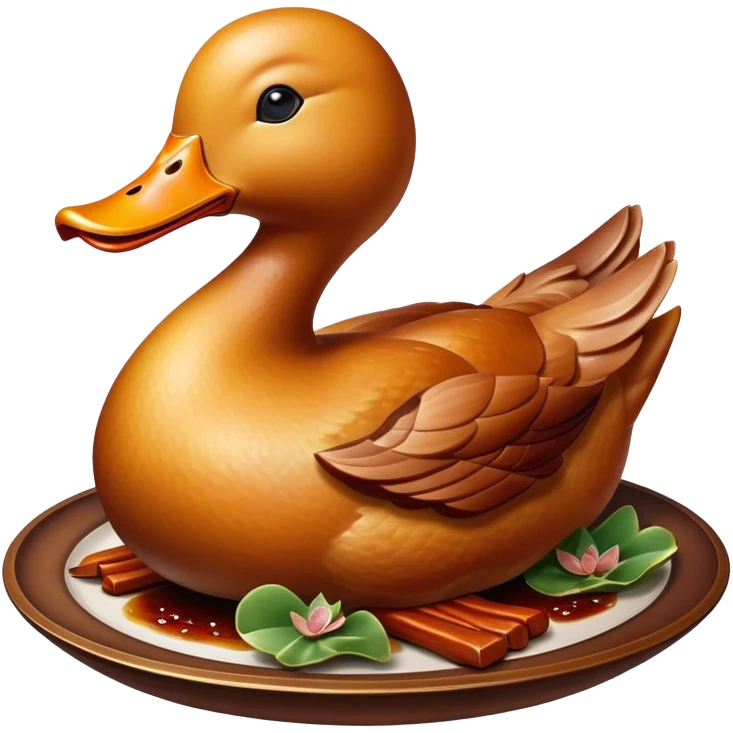 Cinematic Realistic Peking Duck Dish Emoji, depicted with crispy, roasted duck with glistening skin and succulent meat, rendered with rich textures and dramatic, appetizing lighting. emoji