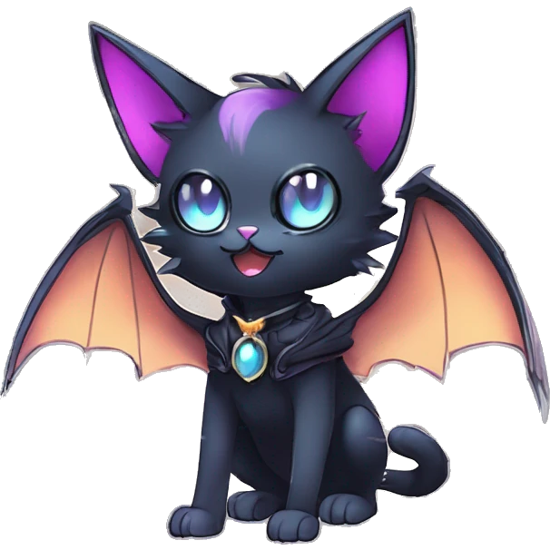   cool edgy beautiful anime-style ethereal dark-punk-themed animal vampiric cat-hybrid Fakemon with fangs and bat-wing-ears with a collar full body emoji
