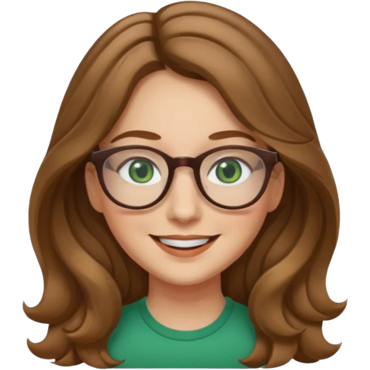 long wavy light brown hair woman with green eyes and glasses smiling closed mouth. middle part hair. medium thick eye brows emoji
