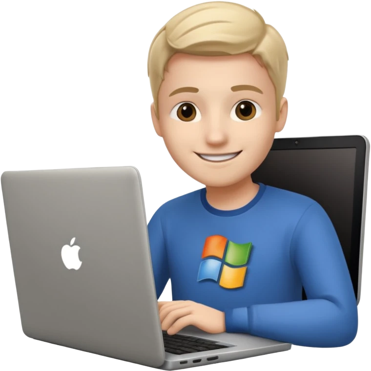 a programmer happy with a microsoft logo showing on the laptop screen emoji