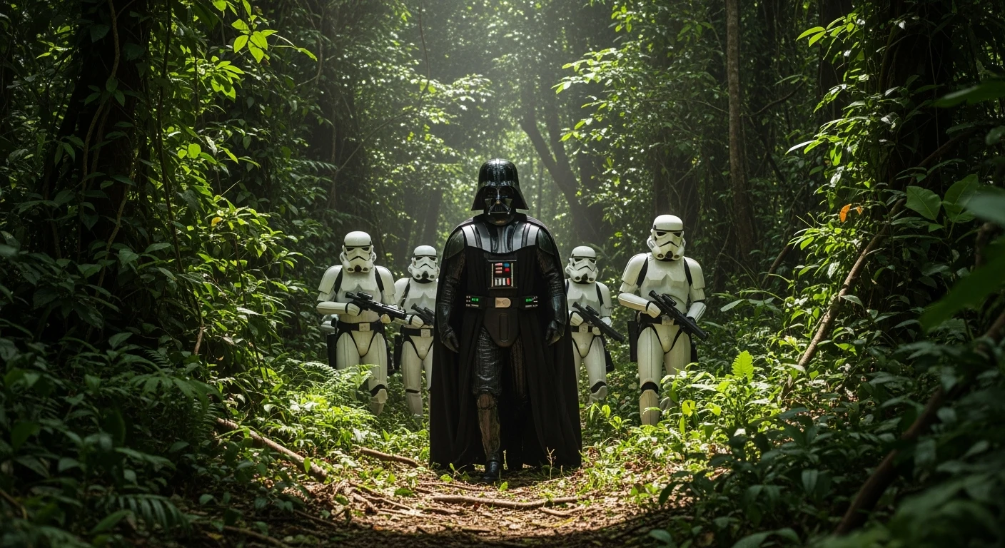 cinematic still, amazon jungle, well lit scene, Darth Vader around stormtroopers is exploring the jungle, captured by arri alexa emoji