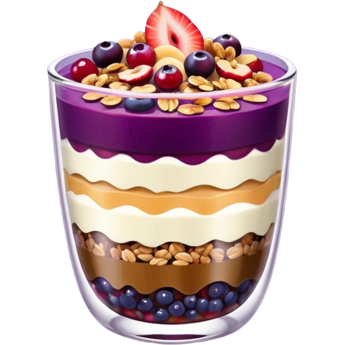 Açaí in a clear cup with layers of fruits and granola and condensed milk emoji