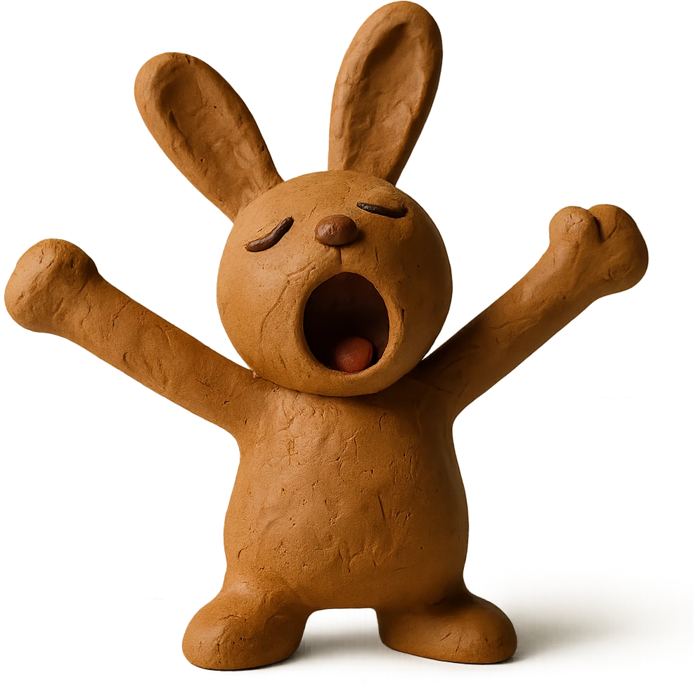 brown bunny stretching arms while yawning, claymation style emoji