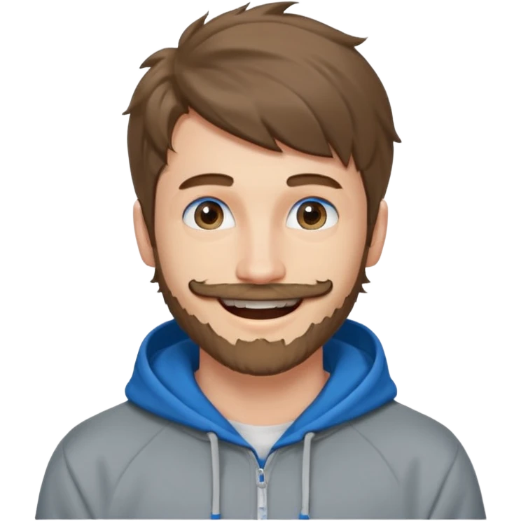 25 year old man, short scruffy beard and thin moustache, brown puffy mullet, blue eyes, big smile, white teeth, big lips, pronounced jaw, hair longer in back, sticking up on top, thin face, grey hooded sweatshirt, pale skin, big smile emoji