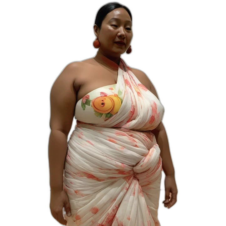 macro,floor-to-ceiling shot,macrophotography,japanese-sari as body-painted navel as pawg-art piece installation in NYC MoMa emoji