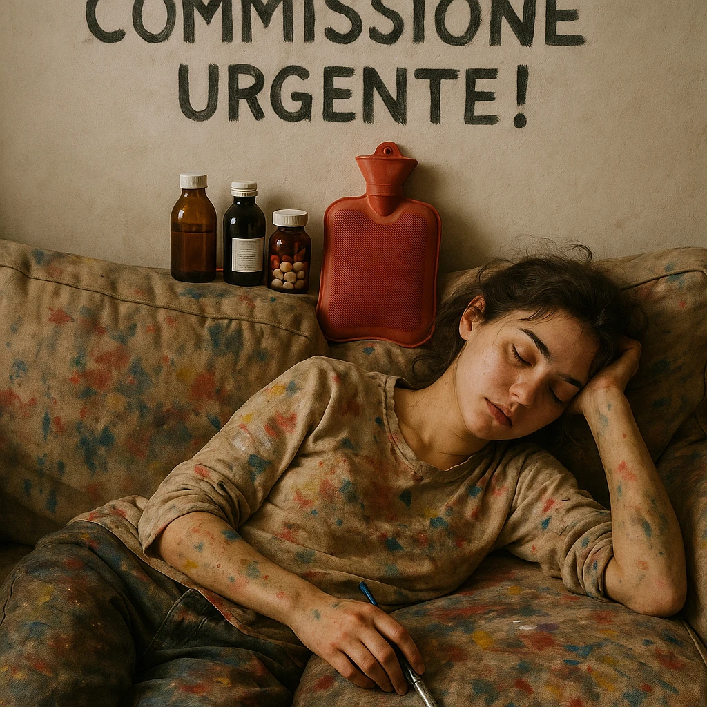 Exhausted young artist asleep on a paint-stained sofa, above her the Italian text 'Commissione urgente!', medicine bottles and hot water bottle arranged like in a trench, creative and messy atmosphere, hyperrealism 4K, Italian text. emoji