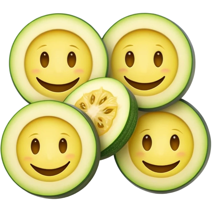 A yellow round modern smiley face emoji wearing zucchini slices on its eyes  emoji