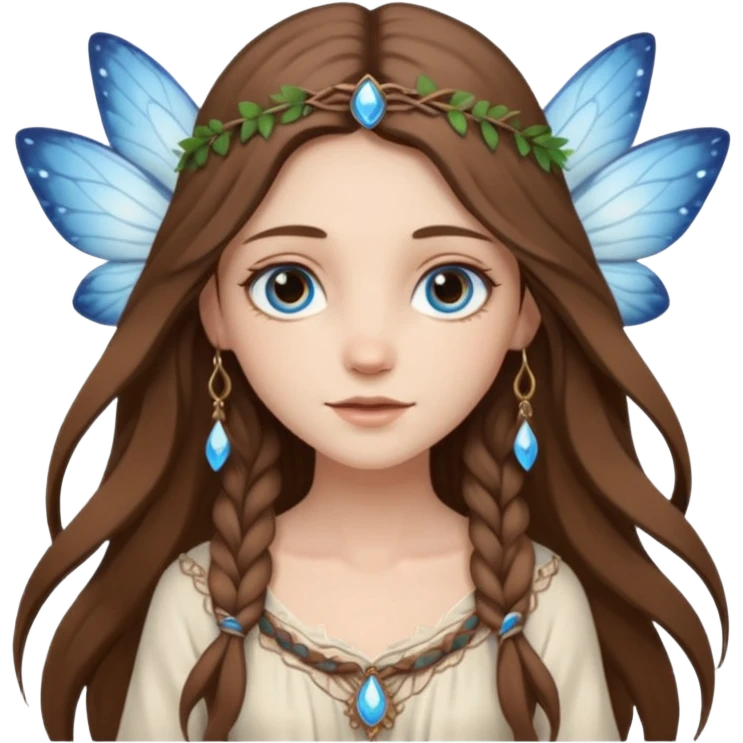 Boho chic fairy with long brown hair and wearing white and earthy tone clothing with blue eyes  emoji