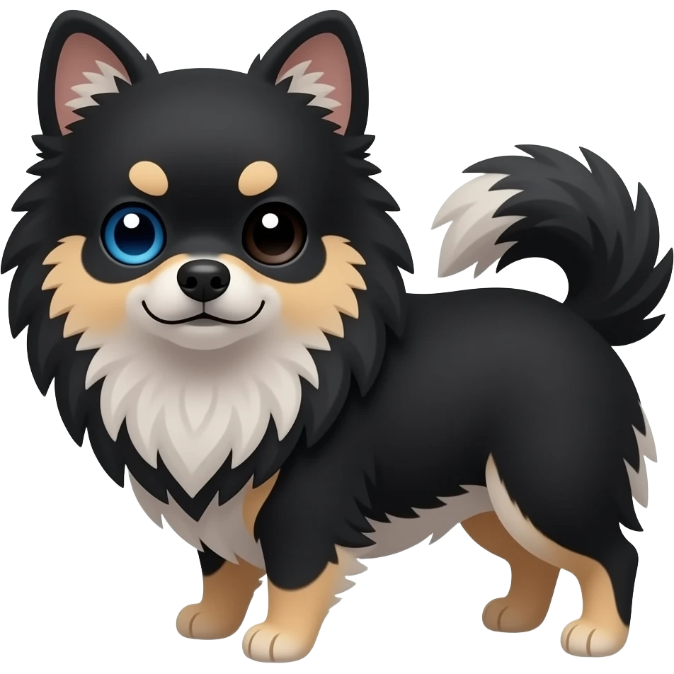 merle pomeranian with black and gray fur. make sure his dominant color is black, his left eye is color blue, his right eye is color black. dont add brown color to his fur emoji