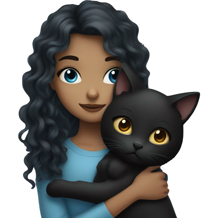 girl with gray blue eyes and long curly dark hair hugging black cat emoji
