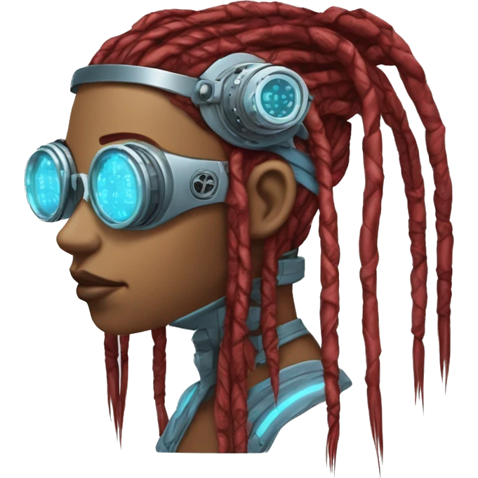 Light blue long dreadlocks female cyborg head with red steampunk goggles and circuits emoji