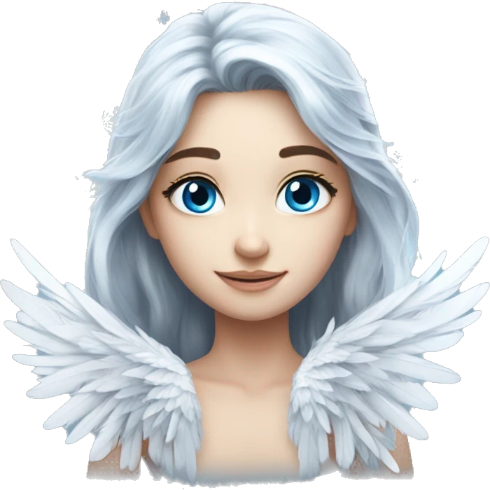 big wings, silver, feather, icy ,snowflake, Beautiful, fairy, long hair, blue eyes emoji