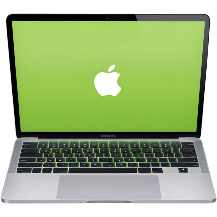 A macbook laptop front facing with its screen showing lime green screen. emoji