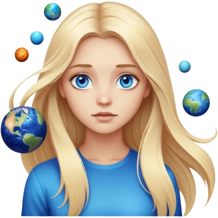 A cinematic realistic blonde with long hair and blue eyes stands and watches the planets rotate emoji