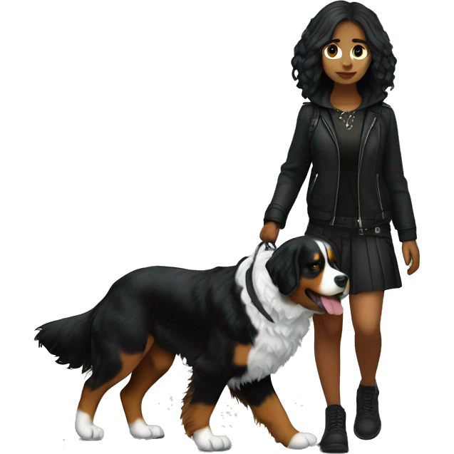 Gothic girl walking a bernese mountain dog  emoji