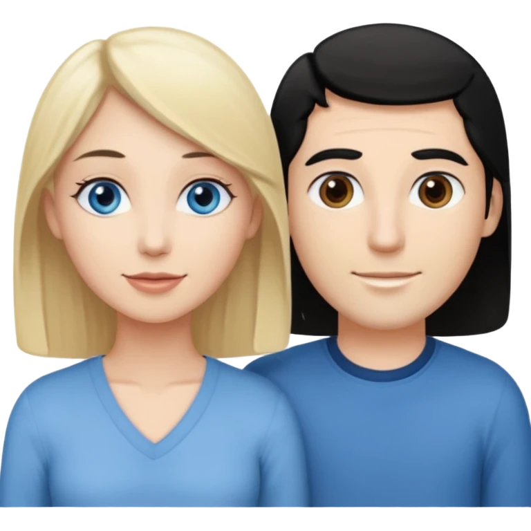 Blond woman with blue eyes on left. And a Man with black hair and grey eyecolor in the middle. And a blank woman with brown hair and grey eyes on the right. Happy together emoji