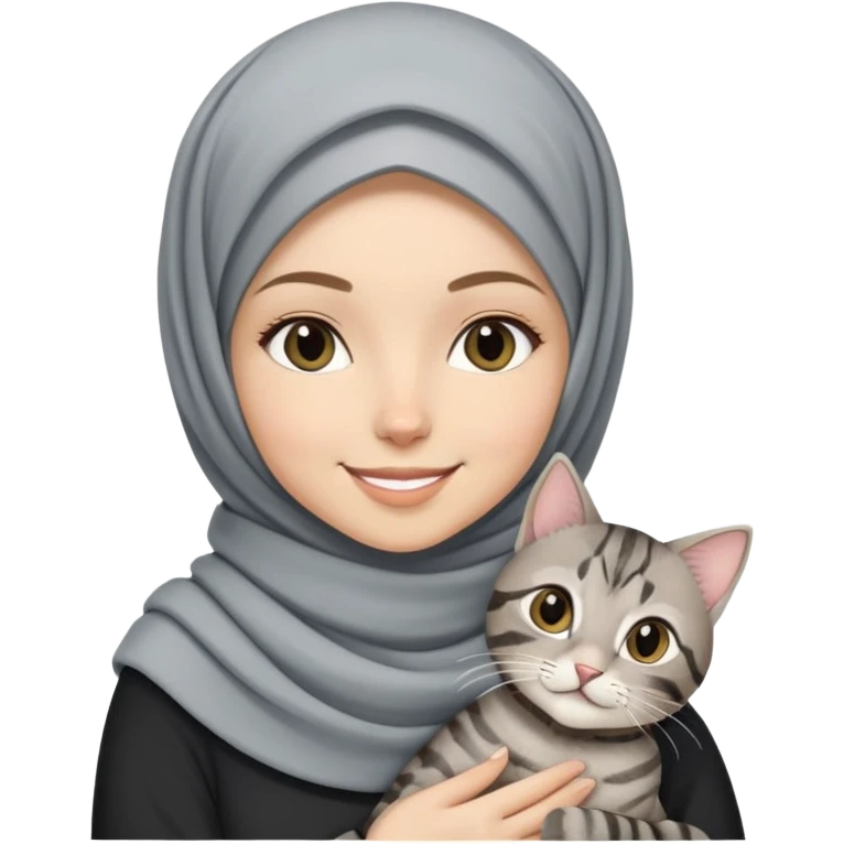 White girl wearing pretty hijab holding a black grey tabby cat while smiling emoji