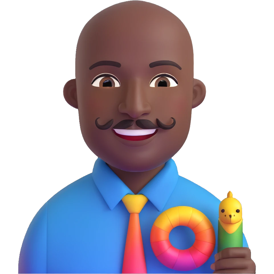 Oxumarê as a very happy and spontaneous smiling 37-year-old bald man with very dark skin, smooth oval head, indigenous facial features, mustache with circular beard only on chin (no hair on sides), a round mole on the right side below the lip, wearing a blue striped dress shirt, and a rainbow serpent, Memoji style emoji