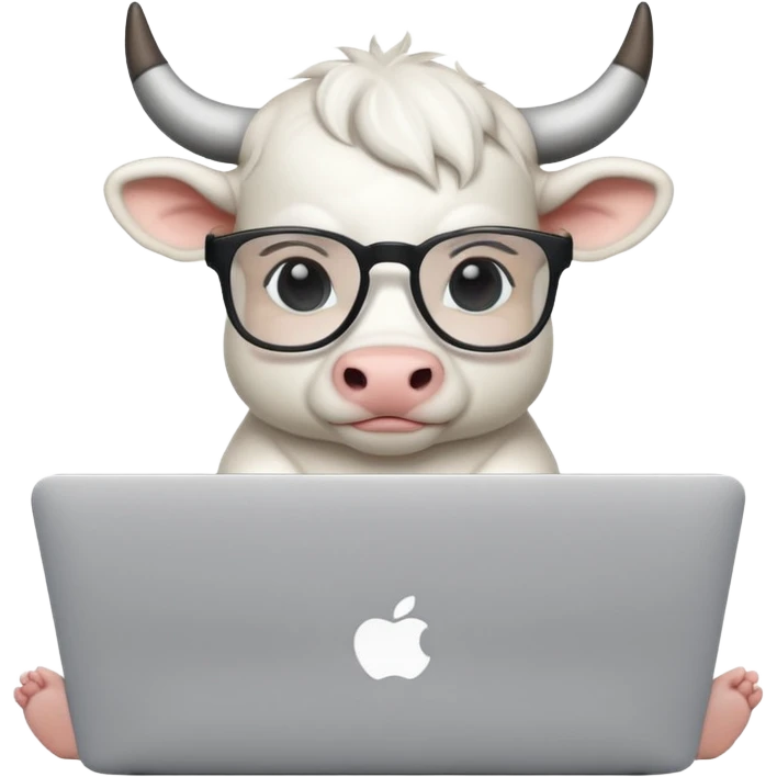 baby white bull in fancy glasses sitting in front of a macbook, working  emoji