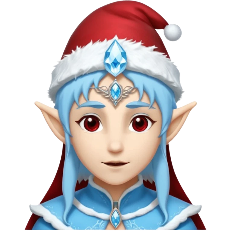 Fantasy elf portrait emoji, Santa Claus hat with icy frost edges, thin icy crystal crown with deep red accents under the hat, elegant elven features, cold noble winter expression, icy blue and crimson color palette, minimal clean design, flat readable emoji style, male/female variant
 emoji