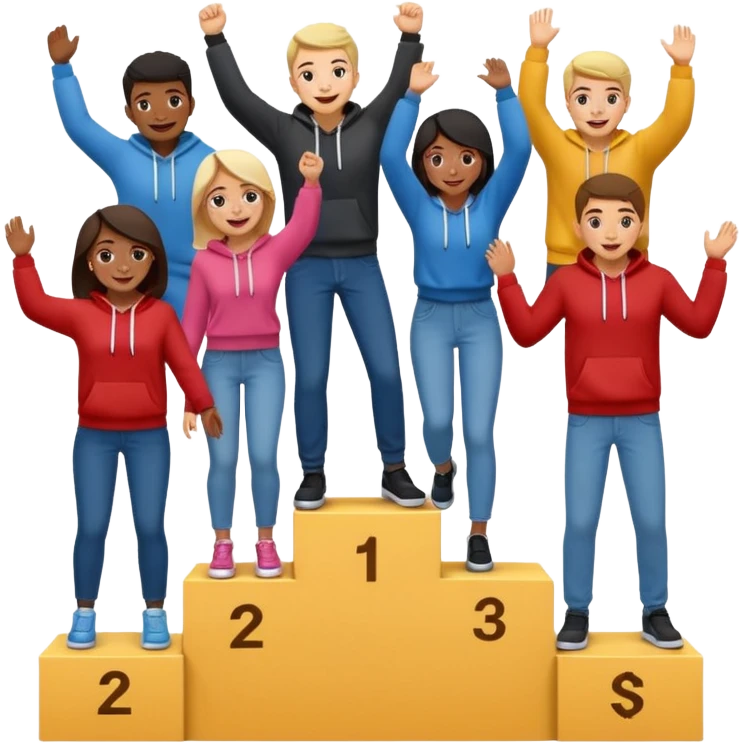 winners’ podium with multi-racial people, middle step higher, no numbers, fun, casual clothes like jeans and hoodies, very excited, fun, expressive emoji style emoji