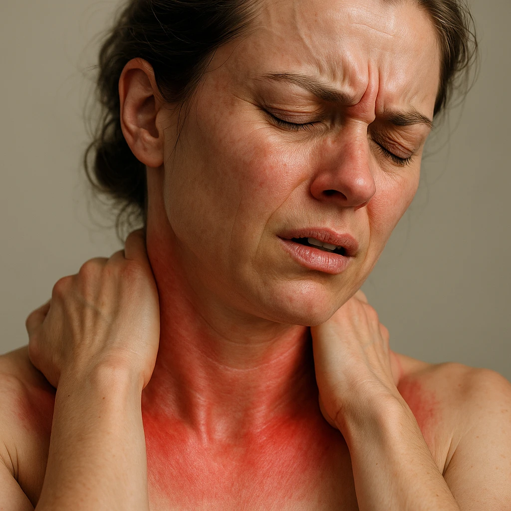close-up of a woman with a painful expression, realistic body with red areas on neck and shoulders indicating widespread pain, hyperrealistic style, realistic anatomical details, 4K quality, neutral background emoji