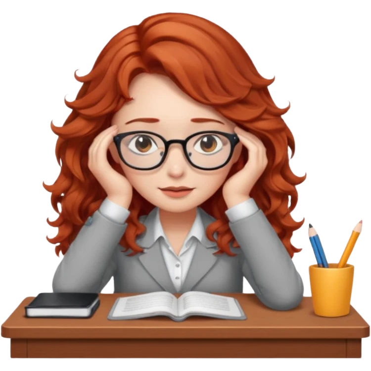 Pretty model, brown eyes, soft red wavy hair, falling asleep at desk emoji