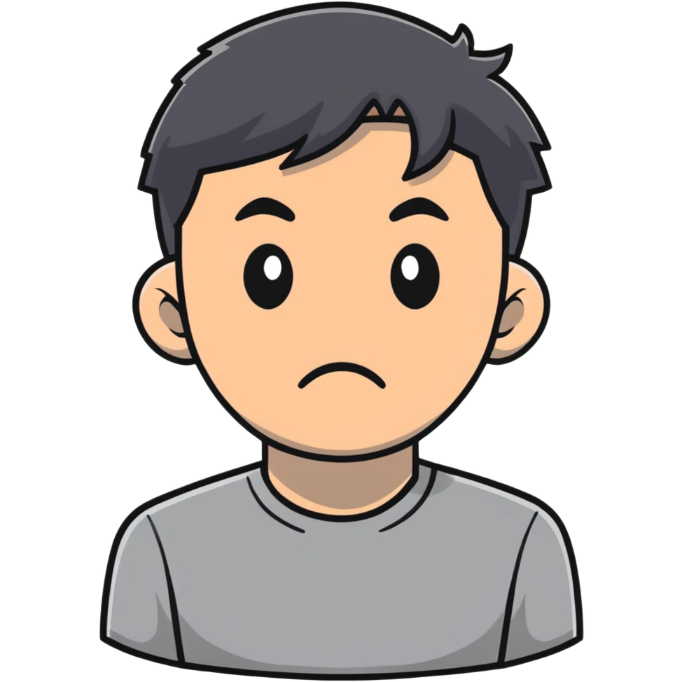 Asian man in a gray shirt with a frown emoji