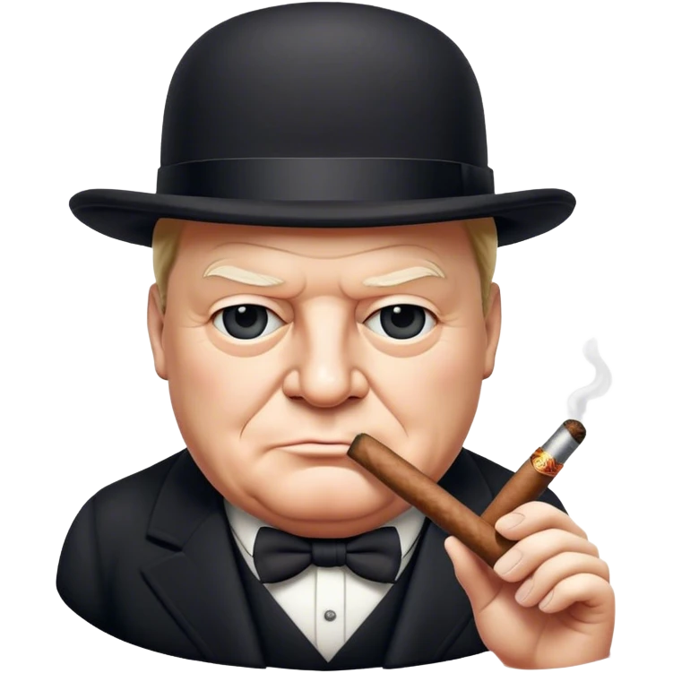 Cinematic Realistic Winston Churchill Portrait Emoji, depicted as a resolute British statesman with a signature bowler hat and a cigar, exuding determined leadership and wartime valor, rendered with lifelike textures and dramatic vintage lighting that captures his iconic British spirit. emoji