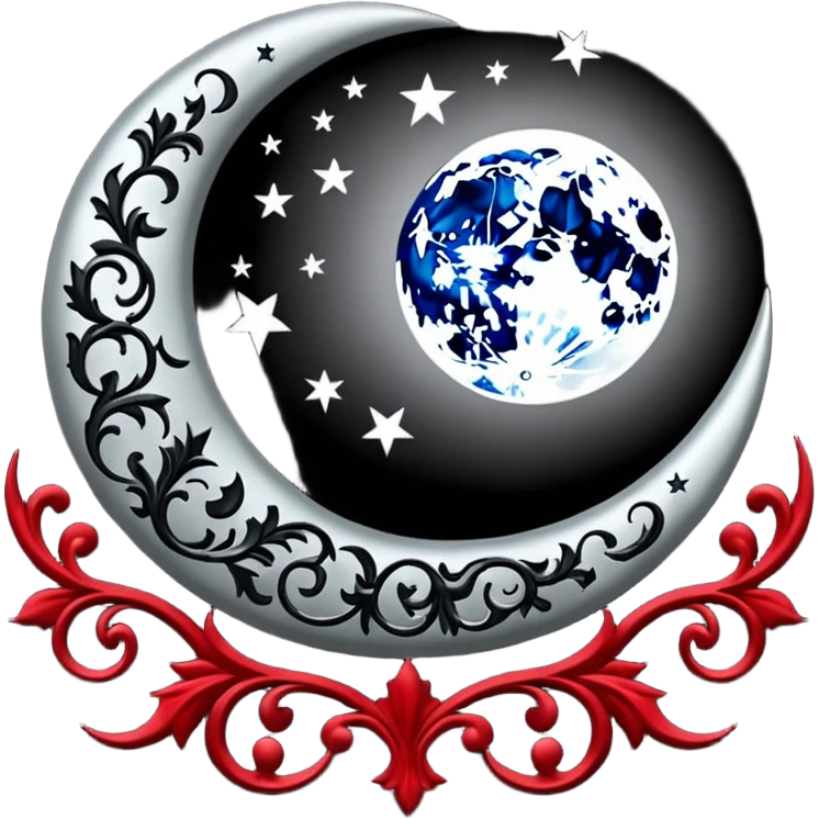 Gothic edgy Victorian black and white and red and silvery starry damask moon emoji