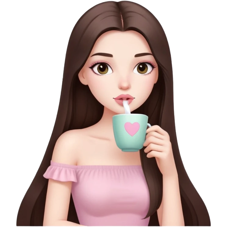 sexy pale girl, very full lips, long straight brunette hair, long lashes, pastel pink tube top, sipping tea  emoji