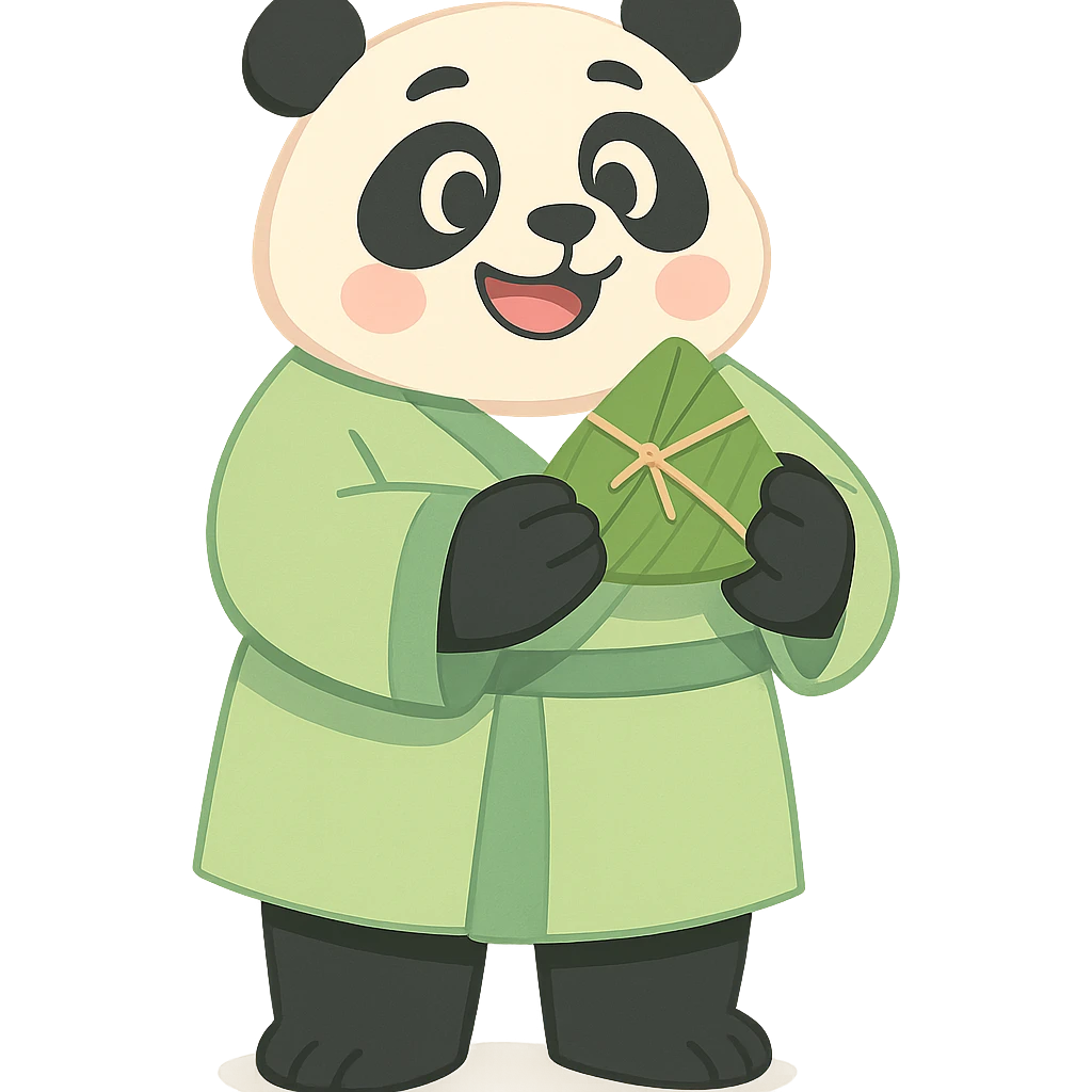 a panda wearing light green Hanfu, holding zongzi with both hands, standing and smiling, full body standing posture, Chinese style, soft color tones emoji