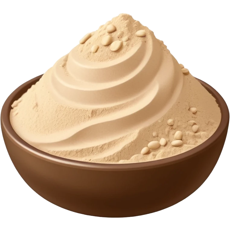 small heap of finely milled beige or light tan protein powder with smooth fluffy texture and slightly uneven surface, optional scoop partly buried, no shaker jar or branding, soft lighting, subtle shadows, emoji scale emoji