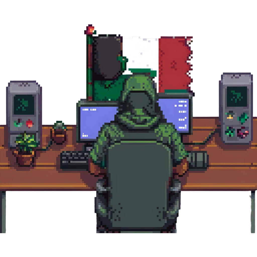 pixel art of a Palestinian person in front of a gaming setup, with a small Palestinian flag visible emoji