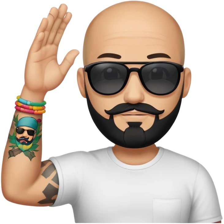  Bald man with sunglasses black beard raising hand with only one colorful tattoo on forearm  emoji