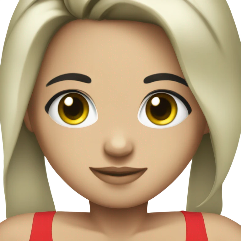 girl with black hair and green eyes, red bikini top emoji