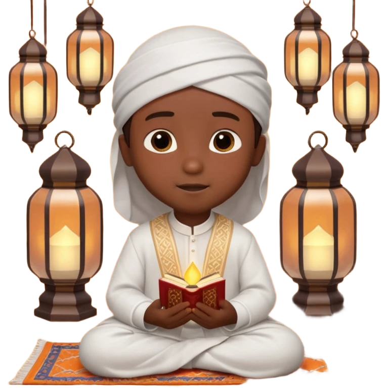 Personnage 3D mignon en style Pixar, un petit garçon portant un qamis blanc et un kufi, tenant un tapis de prière, entouré de lanternes brillantes, fond doux, couleurs chaudes, garçon teint noir emoji