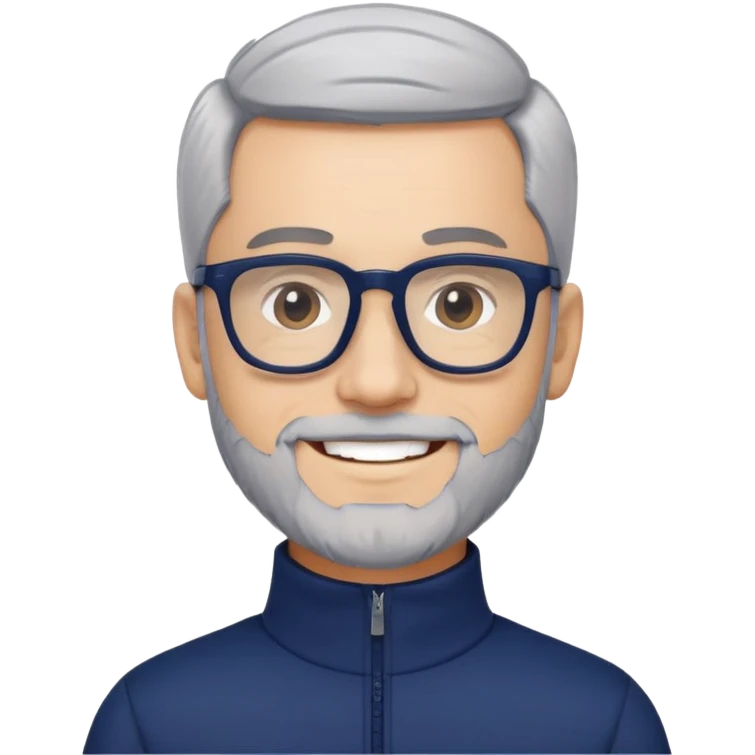 Smiling man with light skin, short black hair, gray beard, black glasses, wearing a navy blue athletic zip-neck long sleeve shirt emoji