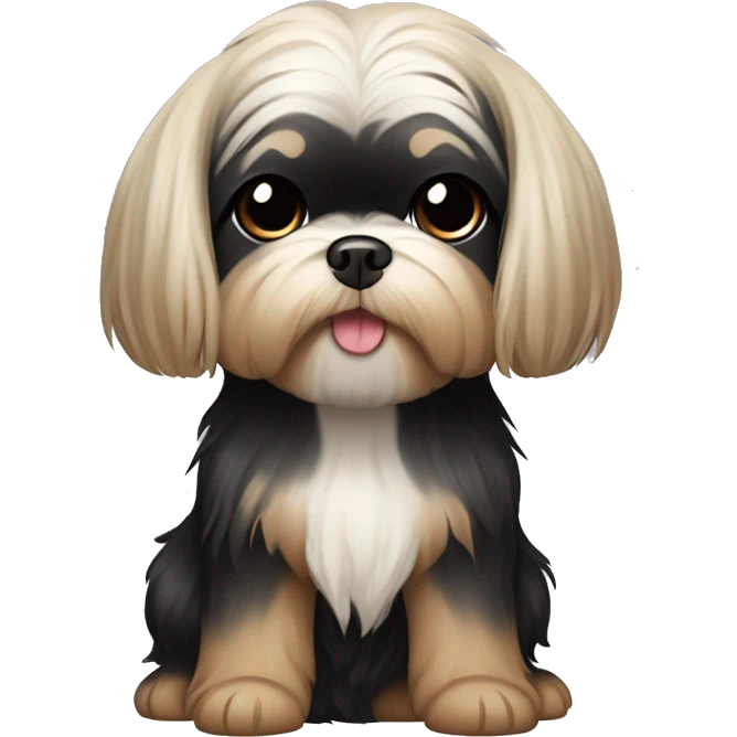 long black hair korean girl with her beige and black shih tzu yorkie. The dog has a round face, short ears and has light distinct eyebrows  emoji