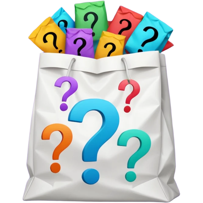 white goodiebag with questions mark boxes stuffed in it emoji