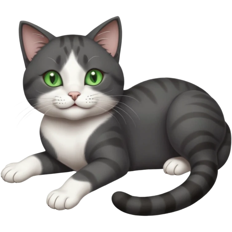 beautiful female solid dark grey cat with green eyes, white toes/paws and white patch on her chest playfully rolling upside down emoji
