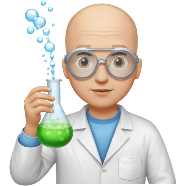 chemist emoji, bald person with safety goggles, holding a beaker with bubbling liquid emoji