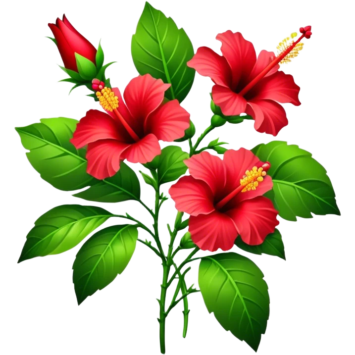 bouquet red Hawaiian hibiscus, luxuriant, stem, leaf, bud emoji